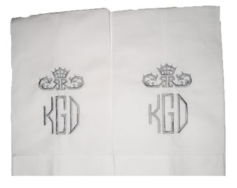A Pair of Monogrammed  Hemstitched Linen Towels - Embroidered Personalized