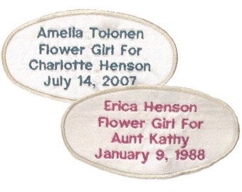 Custom Embroidered Satin Oval Personalized Label for Flower Girl Dress with Child's Name, Bride's Name and Date of Wedding