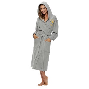 May include: Gray hooded robe with a long sleeve and a belt. The robe has a patch on the left chest with a logo and the words "The Original" in gold embroidery.