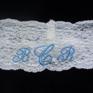 Personalized Embroidered Jacqueline Wedding  Lace Stretch Garter with Monogram - A &quot;Something Blue&quot;
