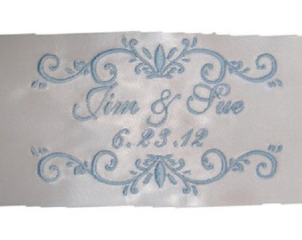 Jennifer  embroidered and Personalized Satin Ribbon Wedding Gown Label AND Gift Box