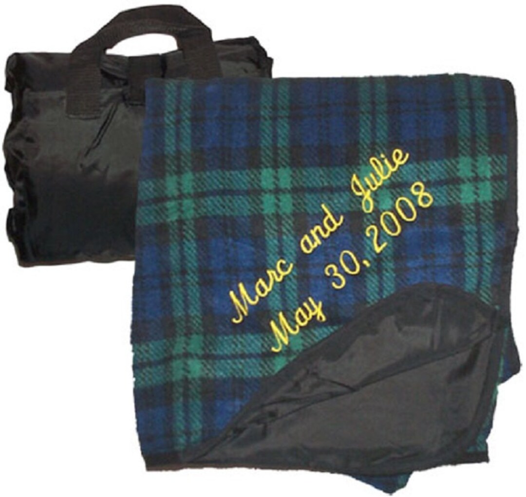 Travel Fold up Picnic Blanket Black Watch Plaid Embroidered and