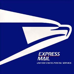 May include: A white stylized eagle with a blue background and the text "EXPRESS MAIL" and "UNITED STATES POSTAL SERVICE."