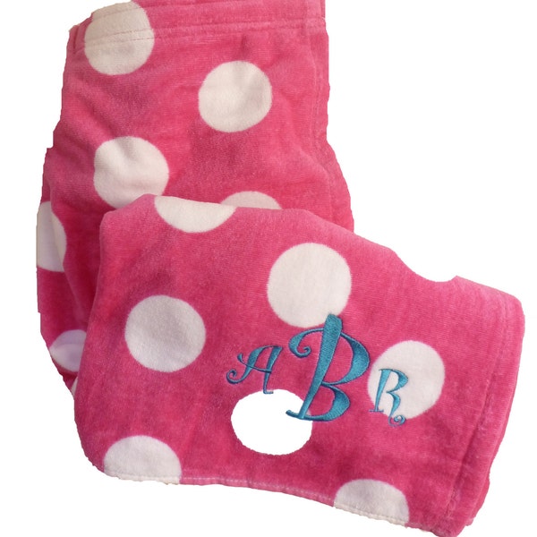 Ladies Shower Wrap in Pink Polka Terry Velour and Personalized with Embroidery