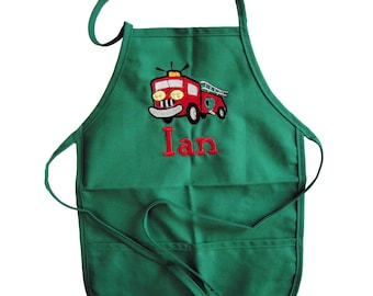 Hunter Green Regular Size Child Apron with Firetruck Embroidery and Personalized