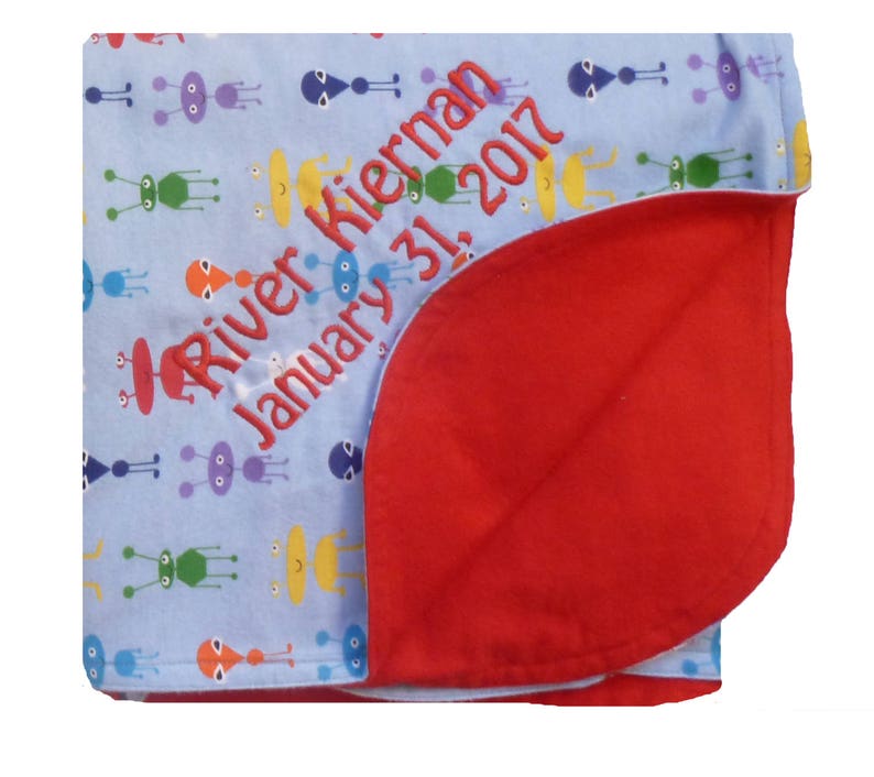 Custom Embroidered Double Sided Alien Print Cotton Flannel Lined Blanket with Rounded Top Stitched Edge