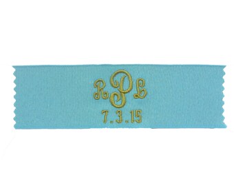 Single Audrey Grosgrain Wedding Label in Green/Blue and Gold Irridescence Custom Embroidered Monogram and Wedding Date