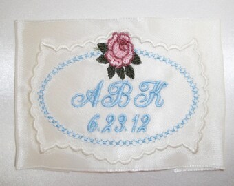 Embroidered and Personalized Rose Ribbon Wedding Gown Label AND Gift Box