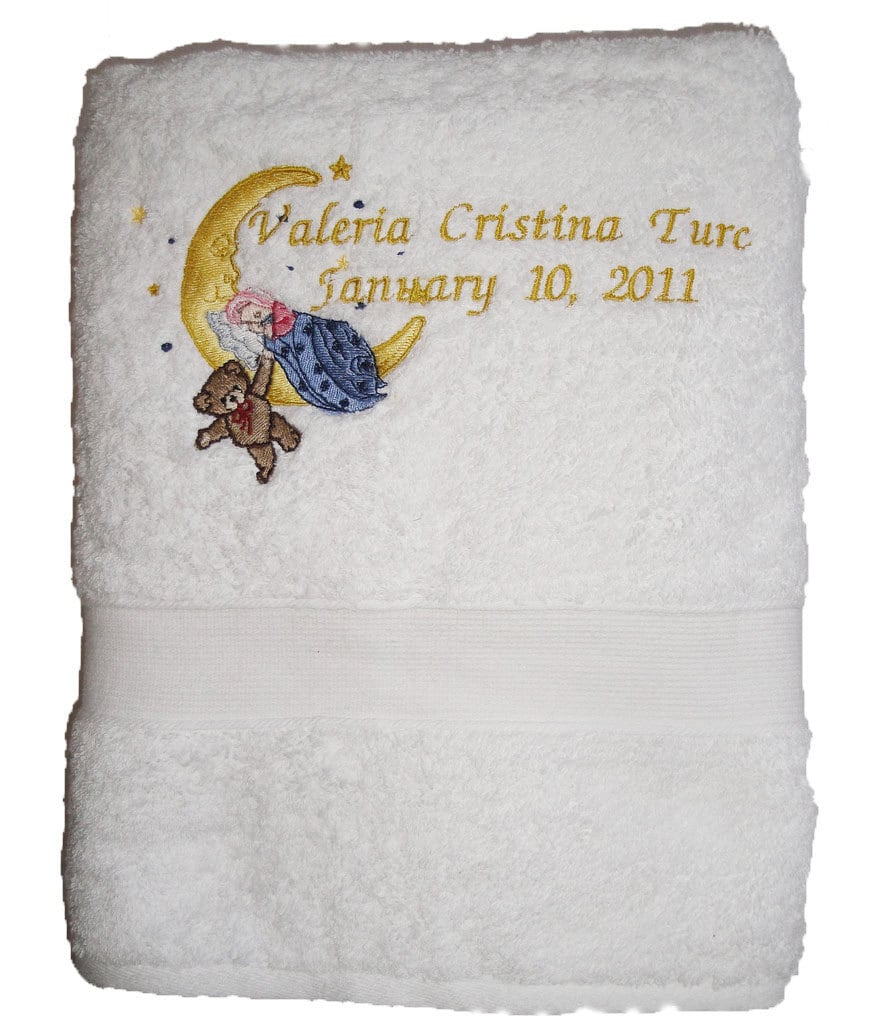 White Bath Towel Custom Embroidered Baby on Moon Embroidery Etsy