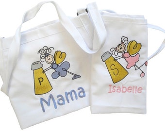 塩とコショウの妖精のエプロン 刺繍入り 母娘用 - 大きいサイズの子供用エプロン
