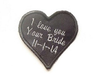 IRON ON VERSION Embroidered Personalized Heart Label for the Tie of the Groom, I Love You - Your Bride