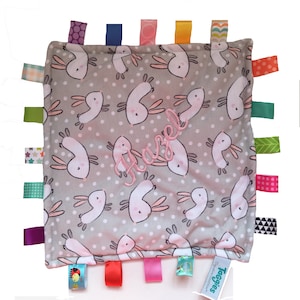 Custom Embroidered Personalized Original Style TAGGIES™ Blanket - Flat 12 inch Blanket with All Around Tags