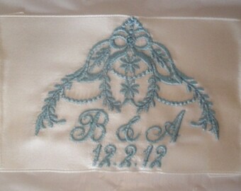 Brittany Embroidered and Personalized Satin Ribbon Wedding Gown Label with Cascading Heirloom Motif