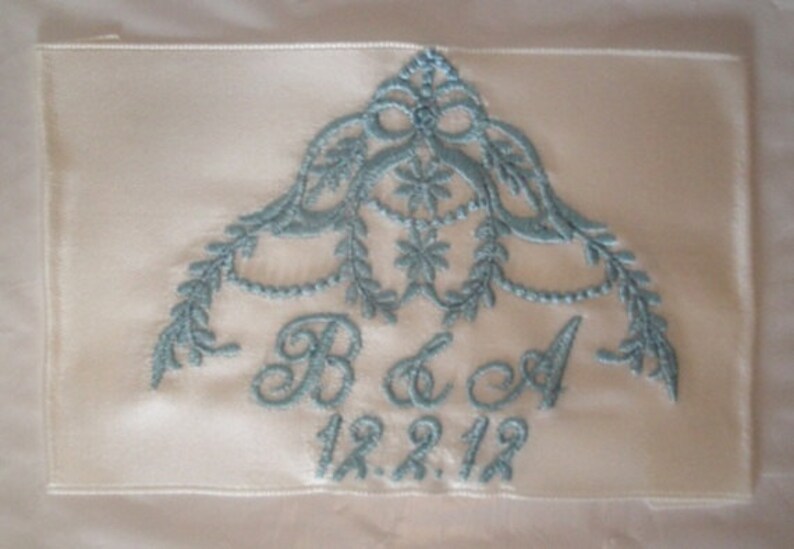 Brittany Embroidered and Personalized Satin Ribbon Wedding Gown Label with Cascading Heirloom Motif