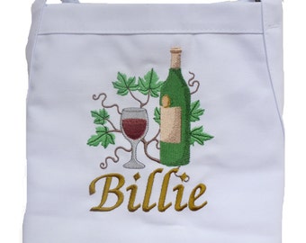 Wine Botanical Embroidery on  Custom Personalized  Embroidered Apron