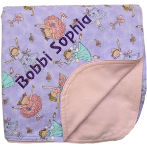 Handmade Two SIded Flannel Baby Blanket Personalized by Embroidery - Ballet on Lavender
