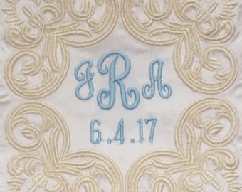 Eleanor Silk Dupioni Wedding Gown Label with Scroll, Monogram and Wedding Date