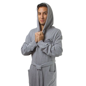 May include: A gray hooded robe with a black O'Neill logo. The robe has a tie belt and two pockets.