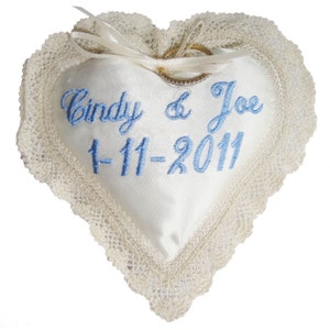 Petite Satin Heart and  Double Created Lace  Ringbearer Pillow - Embroidered and Personalized