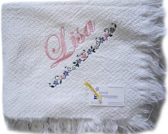 White Cotton Throw Blanket - Embroidered with the Heart Bar Embroidery Design as Shown and Personalized