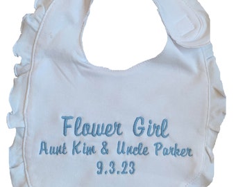 Embroidered Personalized White Cotton Ruffled Bib with "Flower Girl", name of bride and groom and wedding date