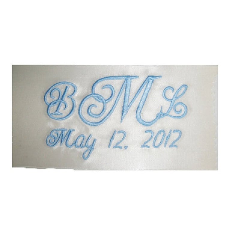 Amy Satin Embroidered and Personalized Ribbon Wedding Gown Label AND Gift Box