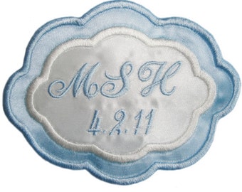 Arielle Embroidered Personalized Wedding Gown Label in Bridal Blue and Creamy Off White AND Gift Box