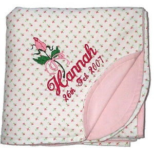 Handmade Rosebud Flannel Baby Blanket with Extra Embroidery of Large Rosebud and Personalized
