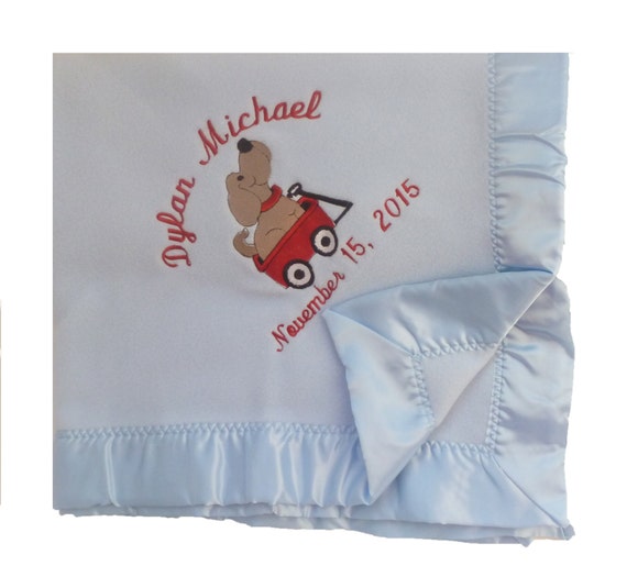 Satin Edged Microfleece Baby Blanket with Wagon Dog Embroidery and Child s Name or Monogram