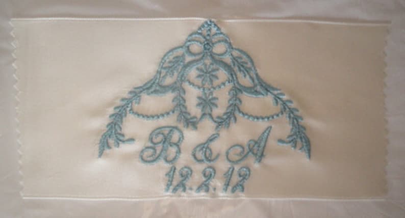 Brittany Embroidered and Personalized Satin Ribbon Wedding Gown Label with Cascading Heirloom Motif