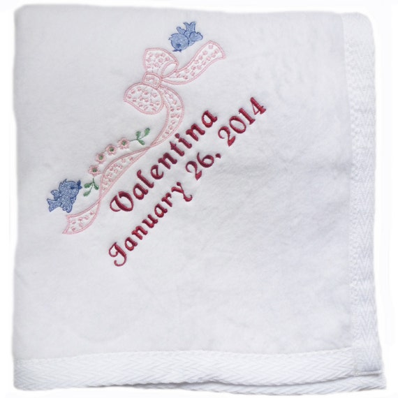 Egyptian Cotton Baby Blanket in Creamy White with Bluebird Bow Embroidery and Personalization