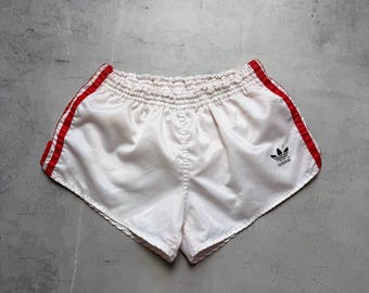 Rare Vintage 80s Adidas Shorts, Made in West Germany, White & Red Polyamide Nylon, Men’s Size D4