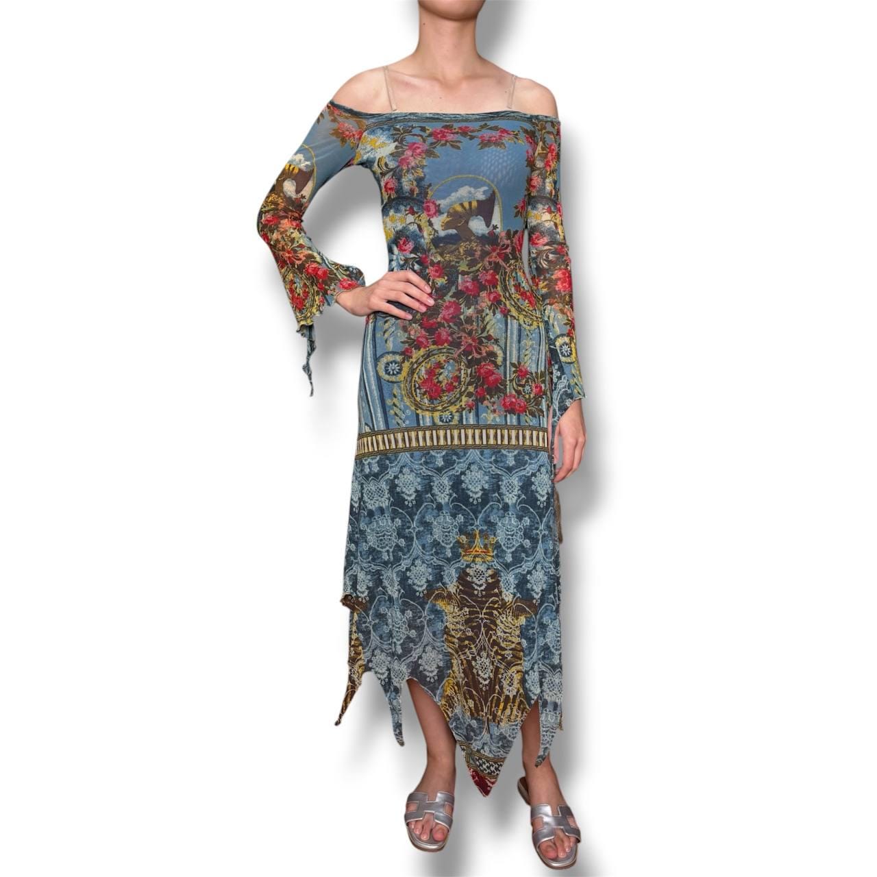 jean paul gaultier asymmetric printed metallic knitted maxi dress Blue · Graphic pattern printed BLUE Wearing a Bra with Size:Size 18