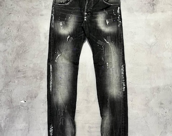 Dsquared2 Slim Distressed Painted Jeans Auth Zip Legs Size 44 Men's Black