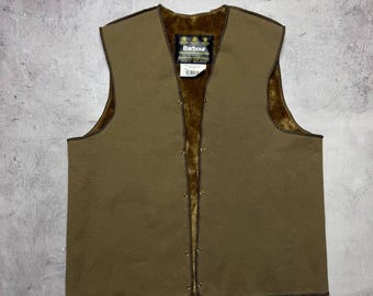 Chaleco Barbour A297 vintage con forro de pelo cálido, fabricado en Inglaterra, forro de piel sintética con broches, talla C44/XL para hombre, color marrón.