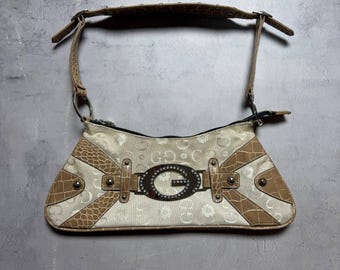 Rare Vintage Gussaci Y2K Mini Baguette Bag, Monogram Shoulder Bag, Glamour Small Purse, Beige Brown