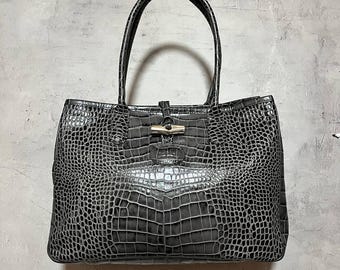 Longchamp Croc Embossed Leather Handbag A4 Gray