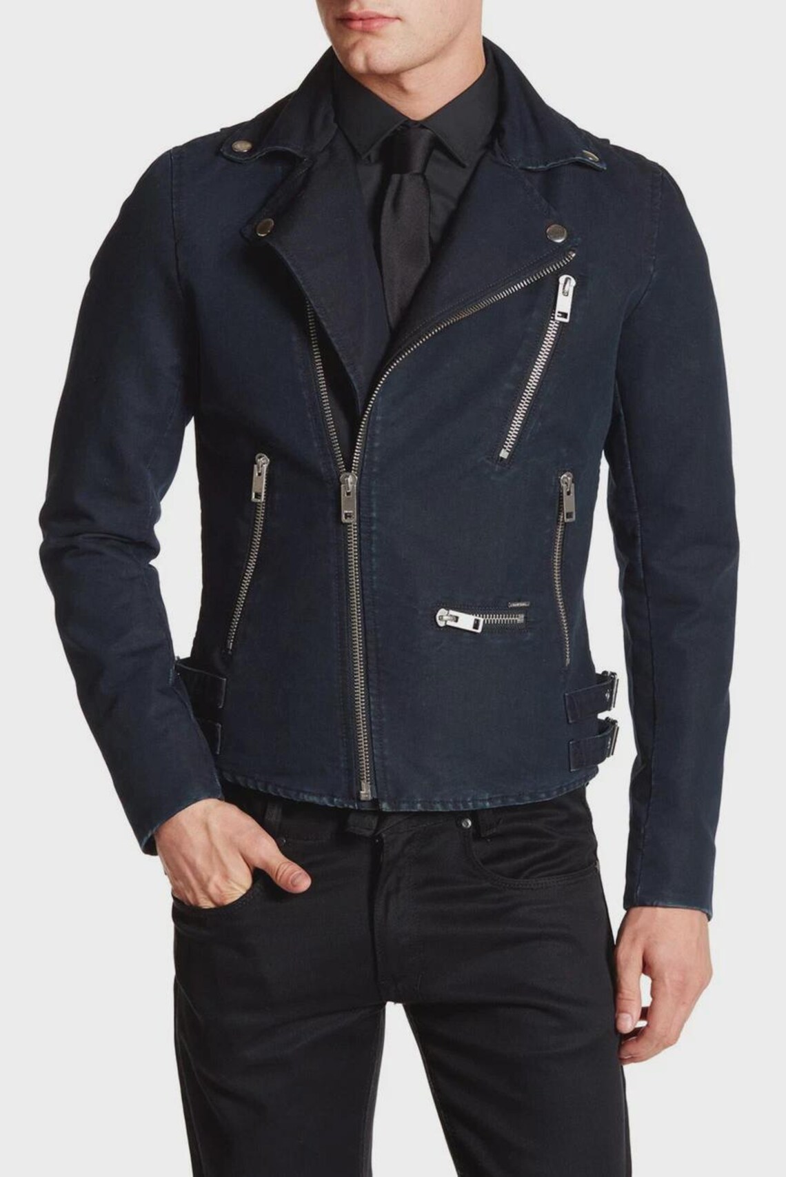 Diesel J-Gibson Denim Biker Moto Men's Jacket Navy Blue Size L, photo 2 sur 5