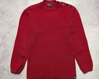 Maglione vintage Saint James Made in France in pura lana stile marinaio, raro modello con bottoni sulle spalle, maglia nautica, taglia M da uomo, colore rosso.