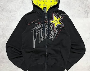 Sudadera con capucha y cremallera Fox Racing Rockstar Energy talla S Y2K Surf Skater Grunge Monster Punk