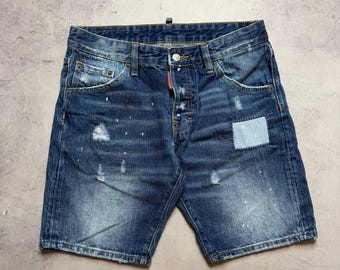 Pantalones cortos vaqueros desgastados con parches de Dsquared2, estilo vintage, de archivo, talla 50/L para hombre.