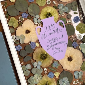 Personaliseer geperst bloemstuk. Aangepast aandenken handgemaakt cadeau voor moeder. Ambachtelijke gedroogde bloemenbehoud. Aangepaste tekst wenskaart.