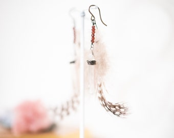 Bohemian Priestess earrings, Air Witch, Quartz + Garnet + Feather earrings, Queen of Swords jewelry