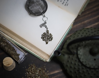 Tea Ball with brass tree charm, olive tree, loose leaf tea ball, herbal apothecary tool for tea drinkers, mesh tea strainer