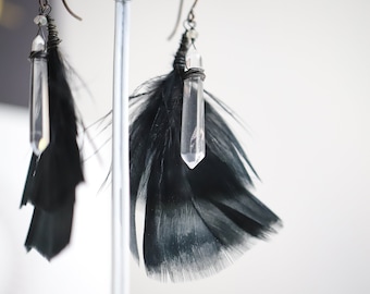 Queen of Swords, Element of Air Quartz and Feather Earrings, double-terminated clear quartz jewelry, witch jewelry, priestess jewelry