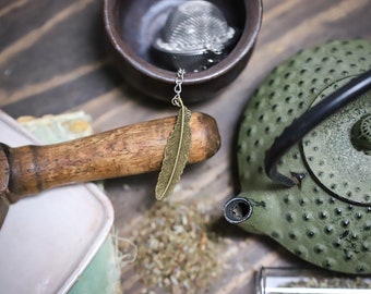Brass Feather Tea Ball, tea diffuser, loose leaf tea ball with charm, boho bohemian witch herbalist