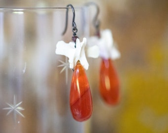Fire in the Night, Carnelian and Bone Earrings, Possum vertebrae, Carnelian earrings, courage, confidence, action