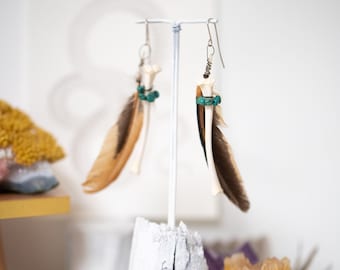 Shadow and Bone earrings, Wild One earrings, Primal Priestess, feather earrings, turquoise earrings, pagan jewelry, witch jewelry