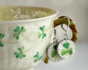 Celtic Earrings, Sterling Silver Dangle Earrings, Irish Belleek Broken China Jewelry, 20th Anniversary Gift for Wife