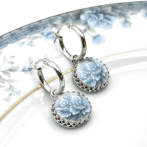 Dainty Porcelain Hoop Earrings, Unique 18th Anniversary, Gift for Wife, Broken China Jewelry, Blue Flower Sterling Silver Earrings